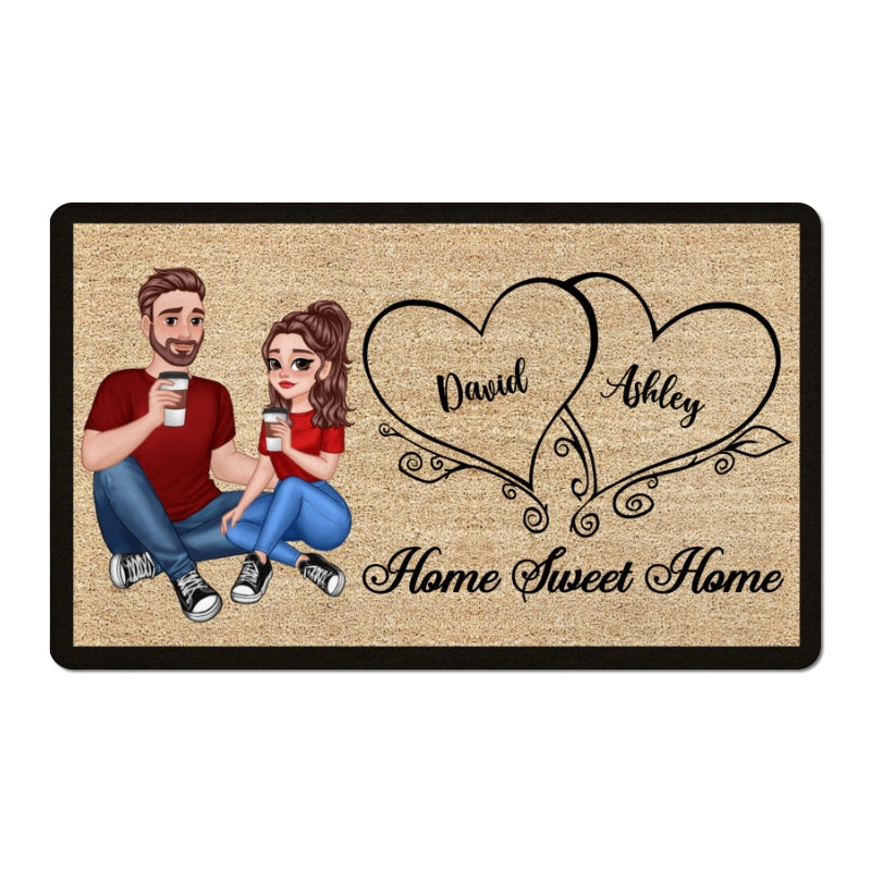 Home Sweet Home Cartoon Couple Sitting Personalized Doormat