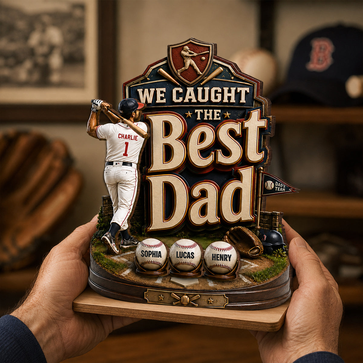 Baseball Dad & Kids We Caught The Best Dad - Personalized 2-Layered Wooden Plaque - Gift For Baseball Dad, Husband