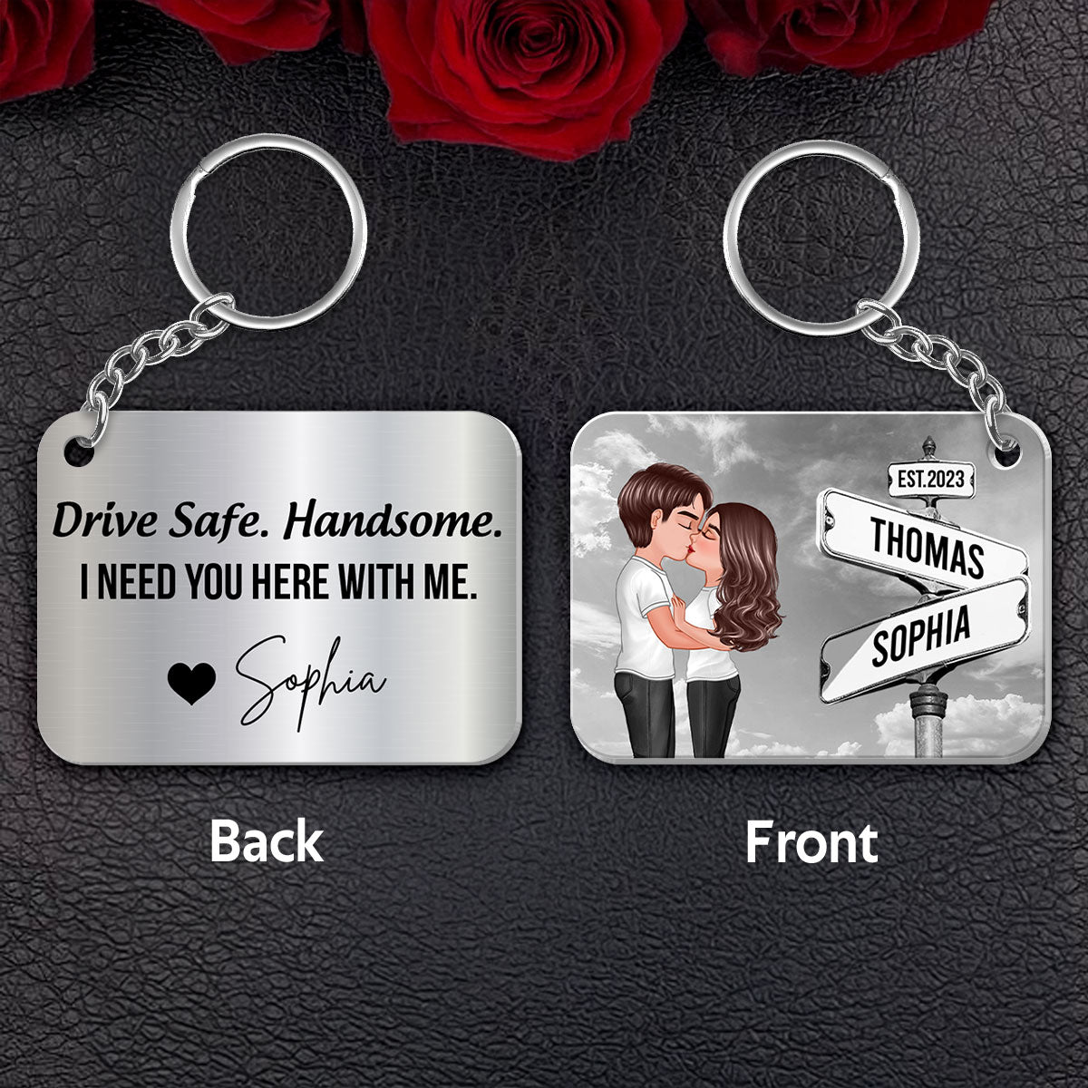 Drive Safe Couple Kissing Vintage Crossroads Street Sign Personalized Metal Keychain, Anniversary Gift For Him, Boyfriend, Husband