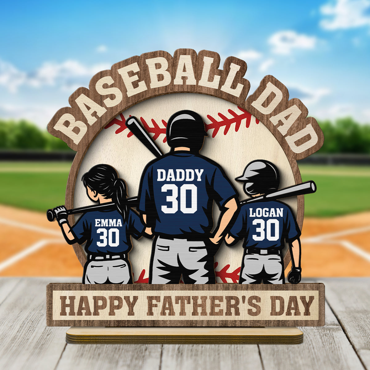 Baseball Family Back View Personalized 2-Layered Standing Wooden Plaque, gift for Dad, for Husband