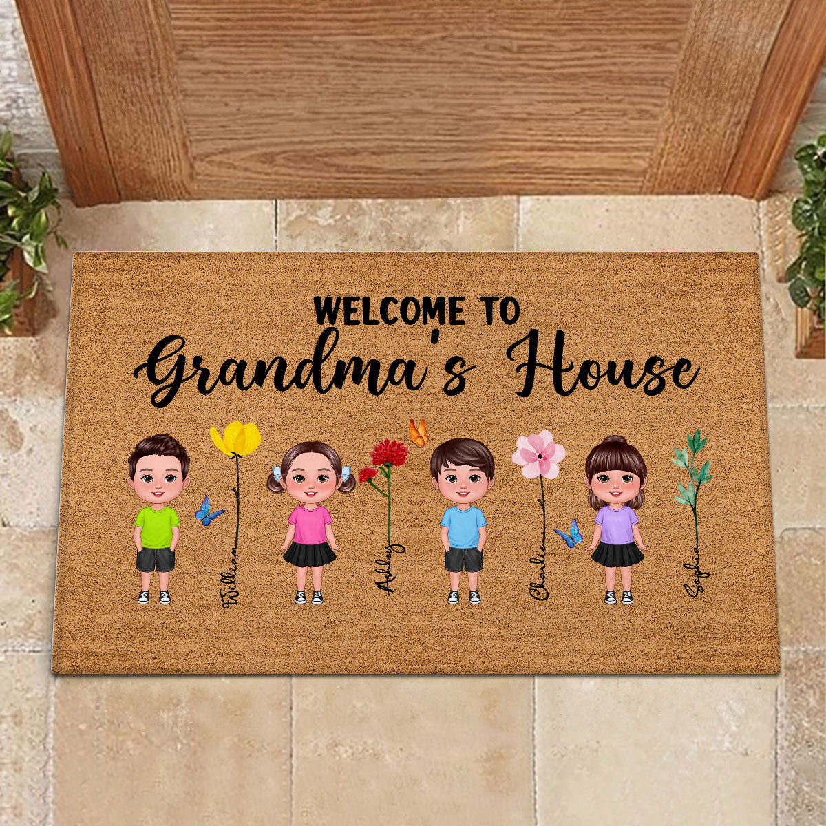 Welcome To Grandma Grandpa Grandparents House Grandkids Standing Watercolor Flowers Personalized Doormat