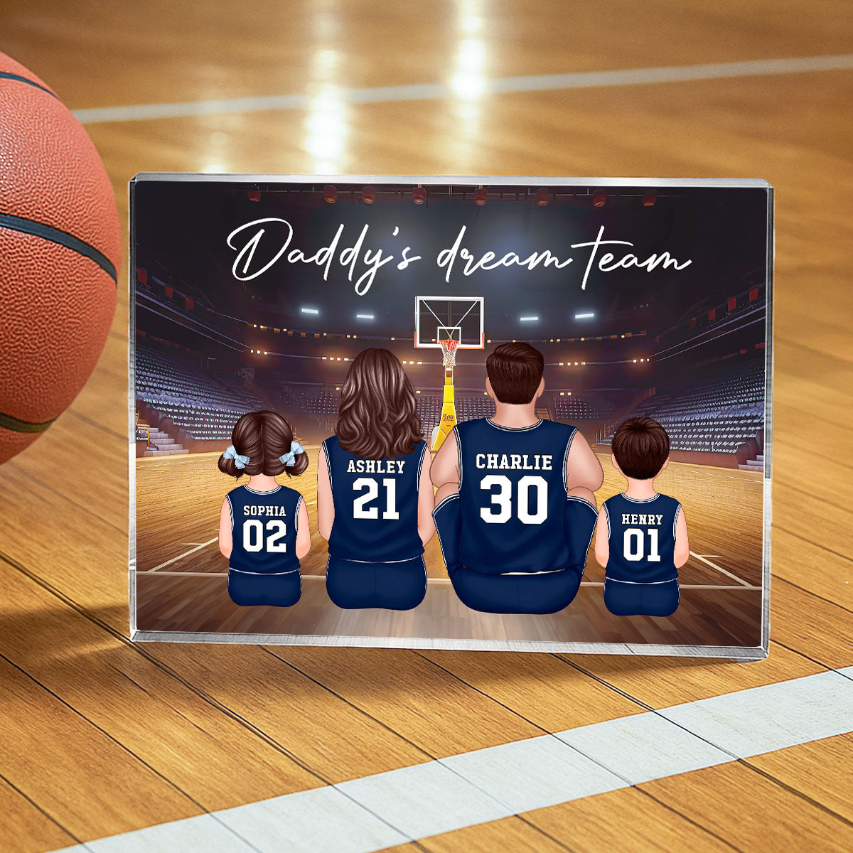 Daddy's Team Basketball Family Sitting Personalized Acrylic Block, Unique Gift for Dad, Gift for Husband