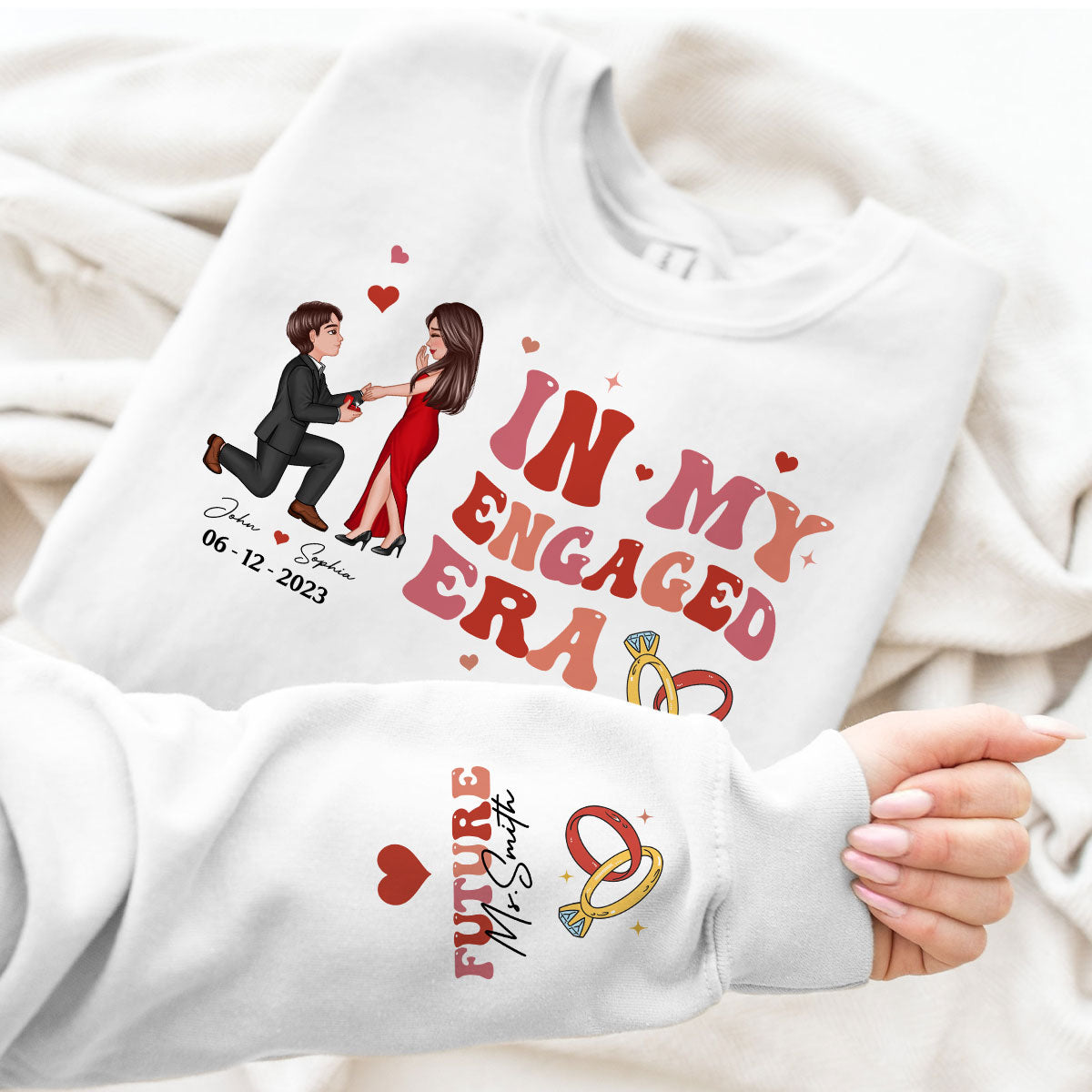 In My Engaged Era Proposing Couple Personalized Sleeved Printed Sweatshirt, Gift, Engagement Gift For Her, Gift For The Bride-To-Be