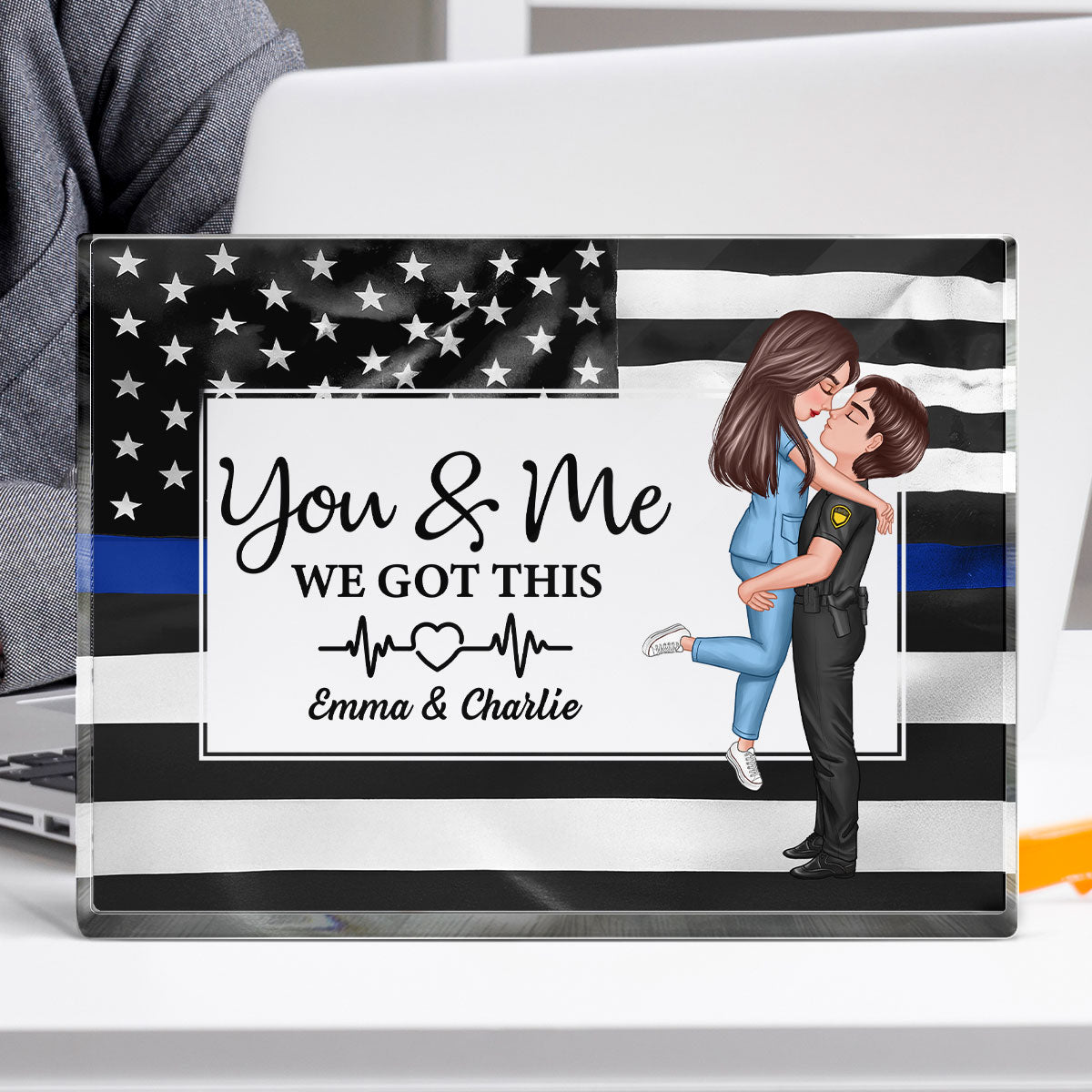 Hero Couple Patriotic USA Flag Personalized Acrylic Block Plaque, Anniversary Gift For Him, For Her