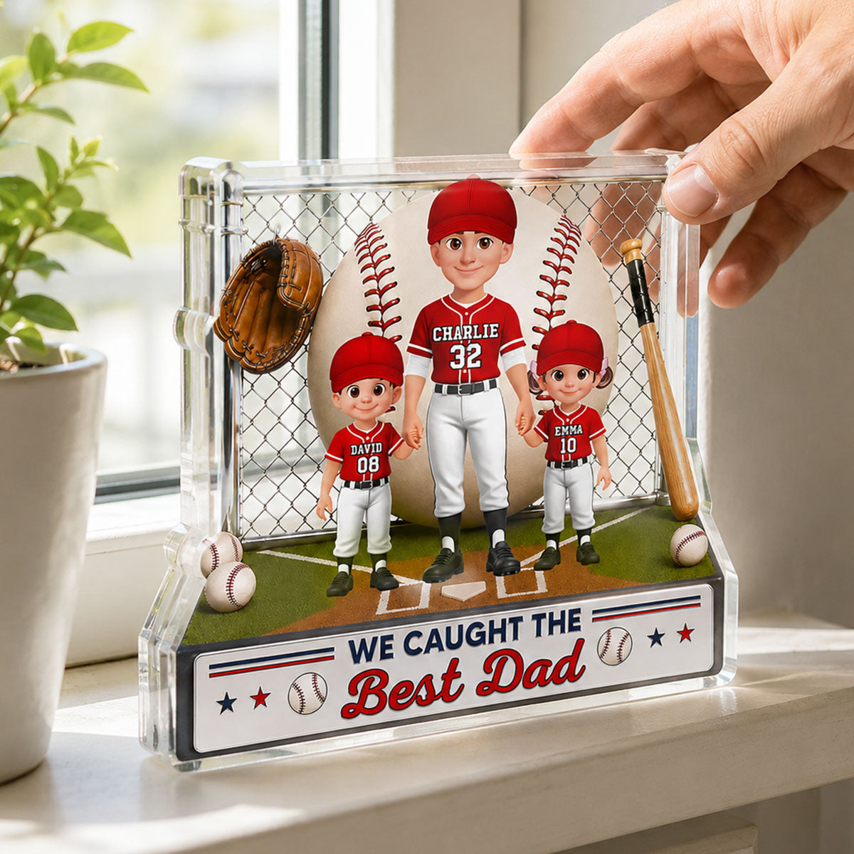 Baseball Dad And Kids We Caught The Best Dad - Personalized Acrylic Block Plaque - Gift For Dad, Husband