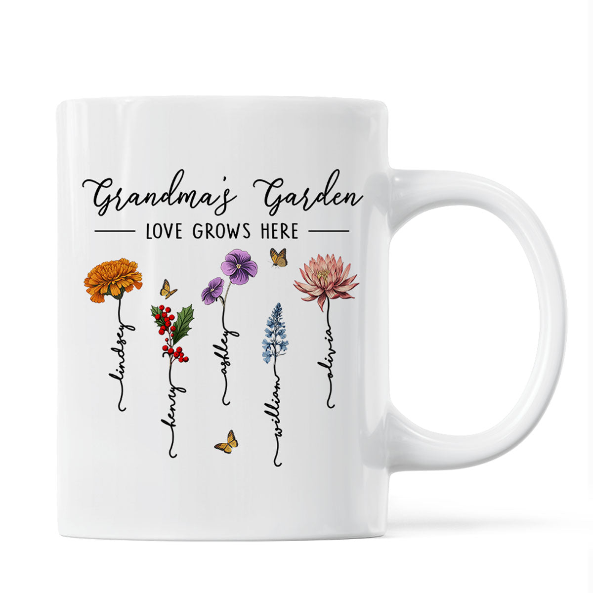 Grandma‘s Garden Love Grows Here Beautiful Birth Month Flower Gift For Grandma Mom Personalized Mug