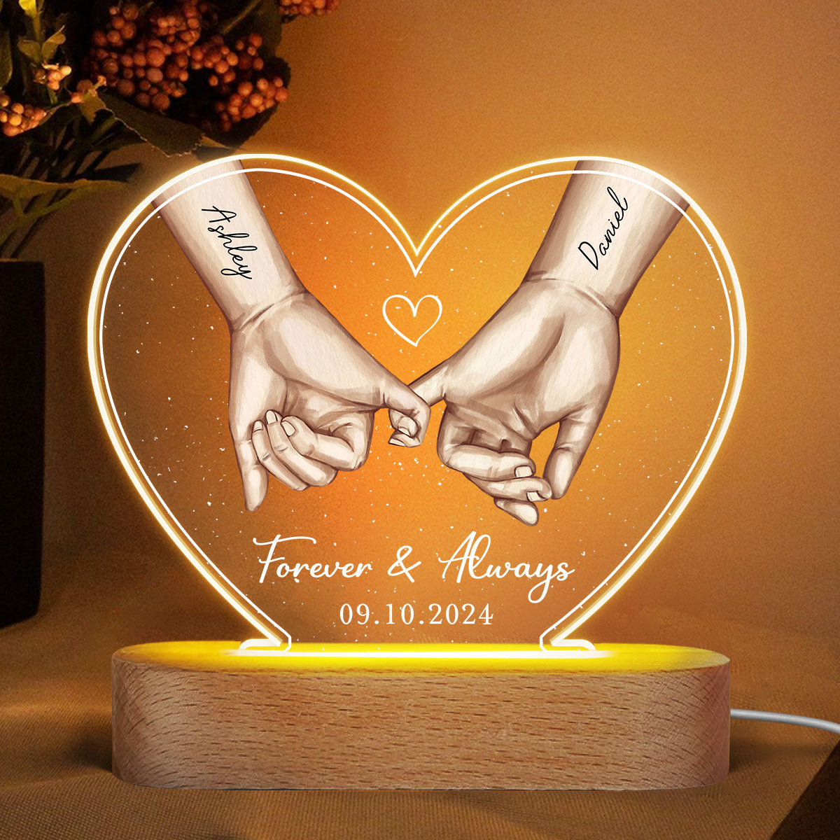 Personalized Couple Hands Pinky Promise Acrylic Heart LED Night Light, gift, Anniversary Gift for Couples