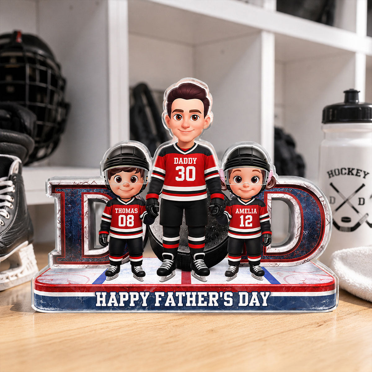 Hockey Dad And Kids Together Front View - Personalized Acrylic Block Plaque - Gift For Dad, Husband