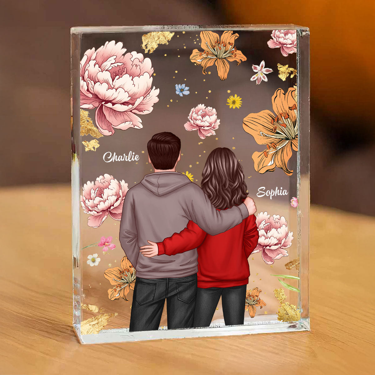 Couple Hugging Back View Birth Month Flower Personalized Acrylic Block Plaque, Heartfelt 2025 Gift, Anniversary Gift For Girlfriend, For Wife