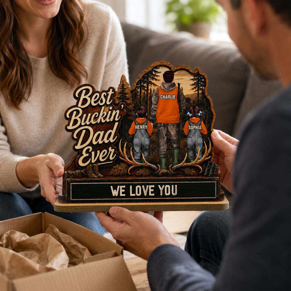 Best Buckin' Dad Papa Ever Hunting Man & Kids 2D Flat - Personalized 2-Layered Wooden Plaque - Gift For Hunting Dad, Grandpa