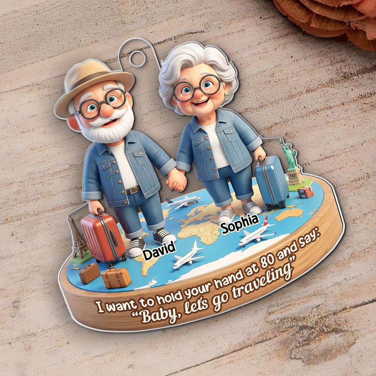 3D Effect Old Couple Baby Let's Go Traveling - Personalized Acrylic Car Hanger - Sentimental Gift for him, for her