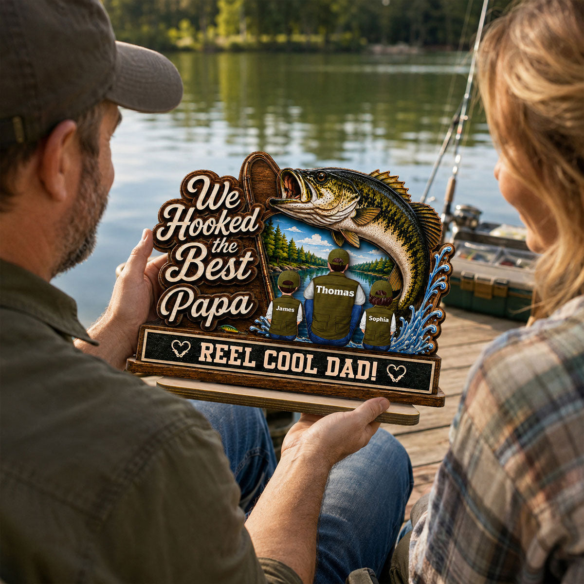 We Hooked The Best Grandpa Back View 2D Flat - Personalized 2-Layered Wooden Plaque - Gift For Fishing Lovers