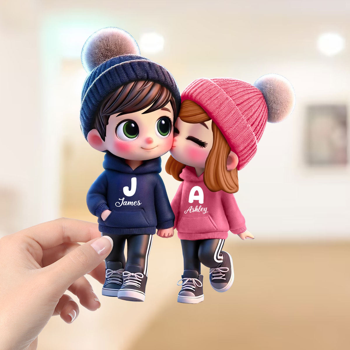 3D Effect Cute Cartoon Couple Walking Personalized Standing Wooden Plaque, Gift for Him, Gift for Her