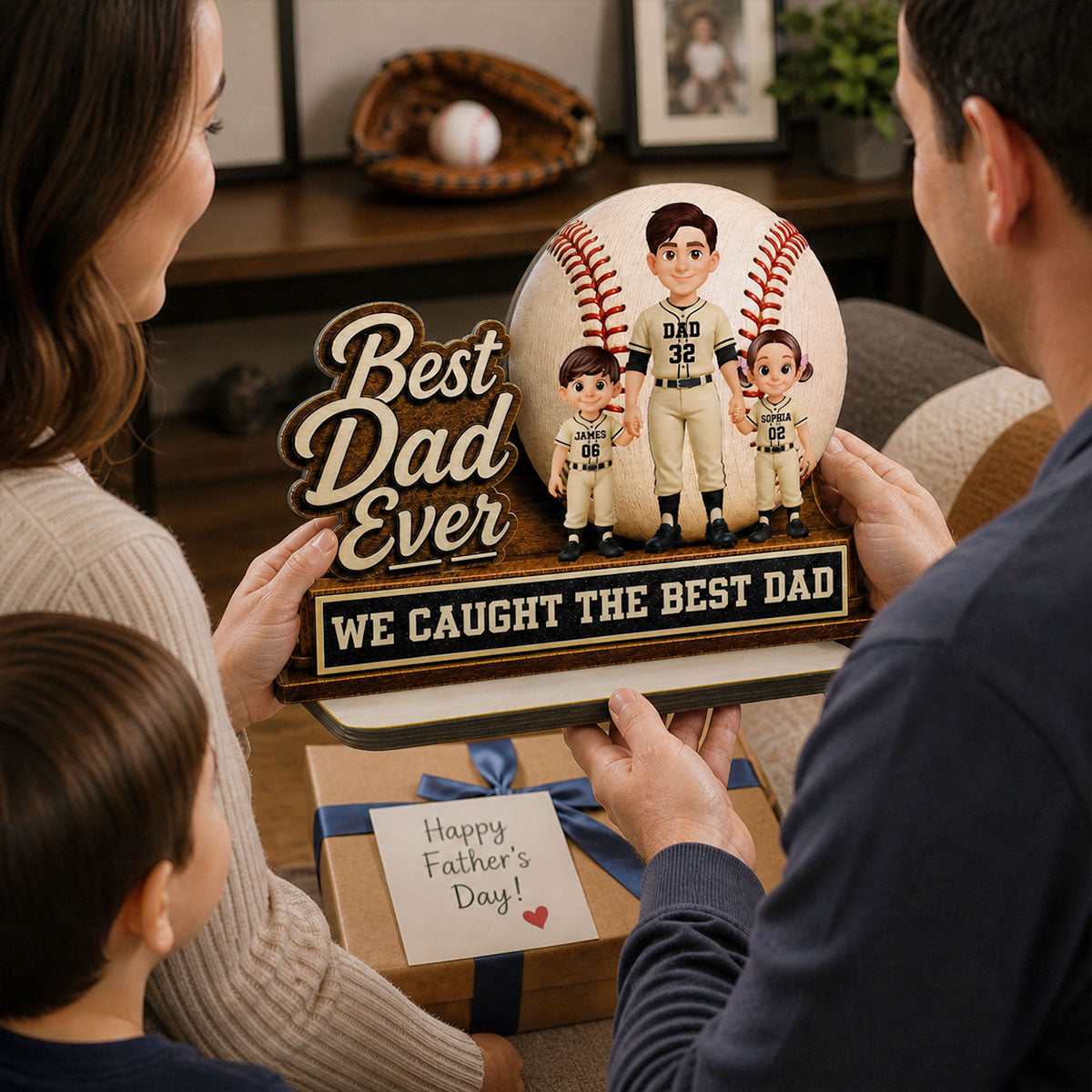 We Caught The Best Dad Dad & Kids - Personalized 2-Layered Wooden Plaque - Happy For Baseball Softball Dad
