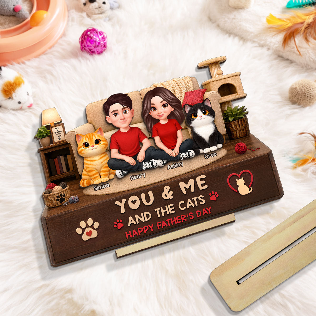 You & Me And The Cats Cozy Room 2D Flat - Personalized 2-Layered Wooden Plaque - Gift For Cat Dad