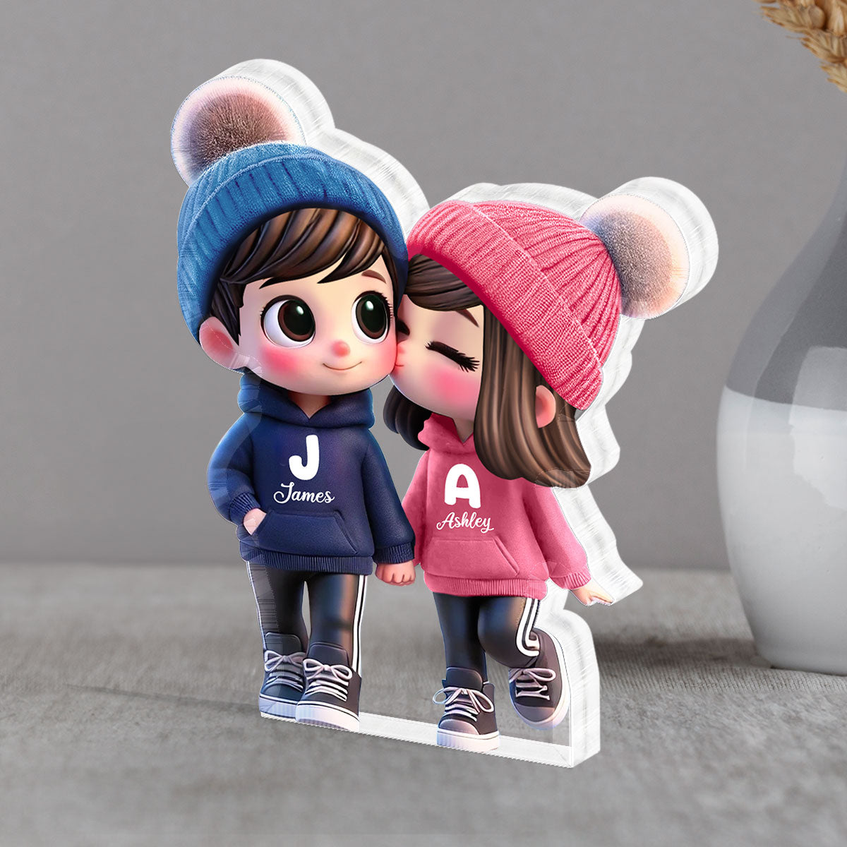 3D Effect Cute Cartoon Couple Walking Personalized Acrylic Block Plaque, Gift for Him, Gift for Her