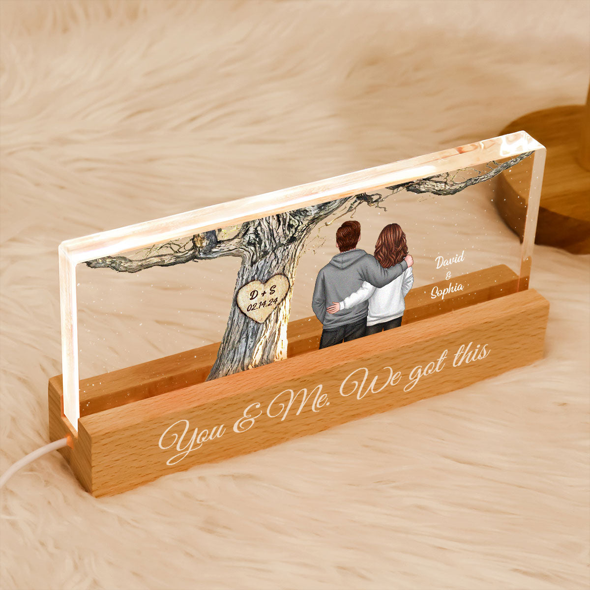 Couple Back View Engraved Tree Personalized Acrylic Block LED Night Light, Gift, Anniversary Gift for Him for Her