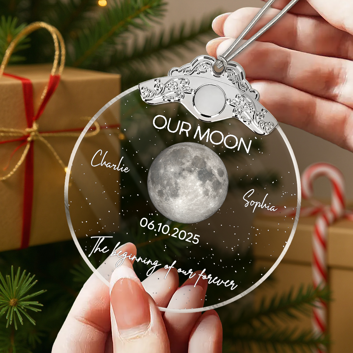Custom Moon Phase Couple Anniversary Date The Beginning Of Our Forever - Personalized Glass Ornament With Silver Cap
