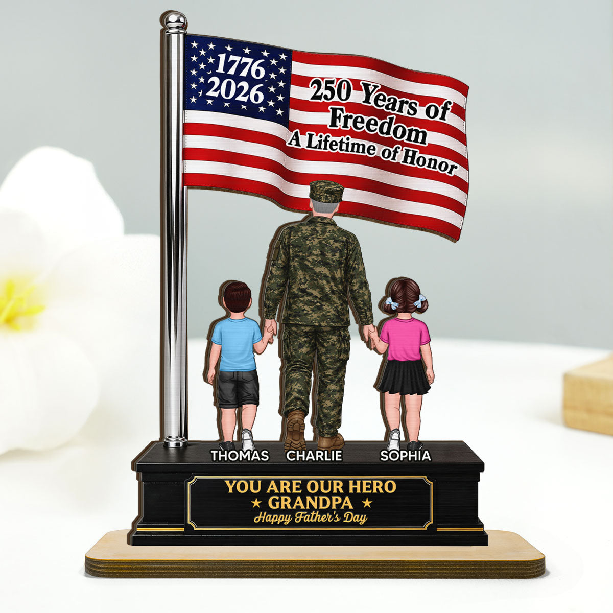 Proud American Military Veteran Grandpa Dad America 250th Anniversary - Personalized 2-Layered Wooden Plaque - Gift For Dad, Grandpa Husband