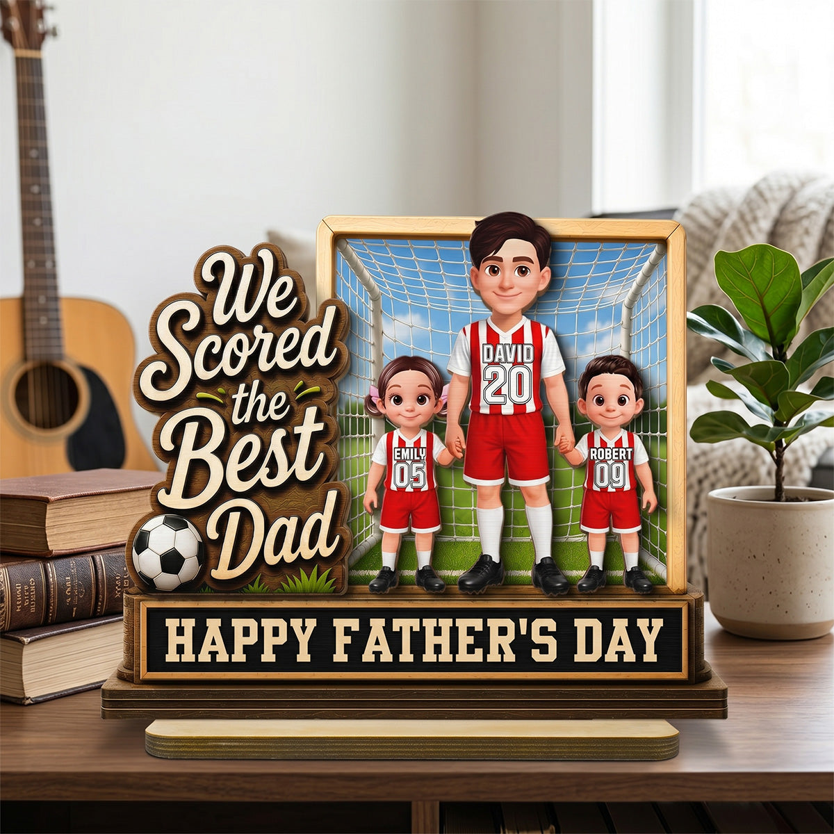 We Scored The Best Dad Dad & Kids In Goal 2D Flat - Personalized 2-Layered Wooden Plaque - Gift For Soccer Dad, UK Football Dad