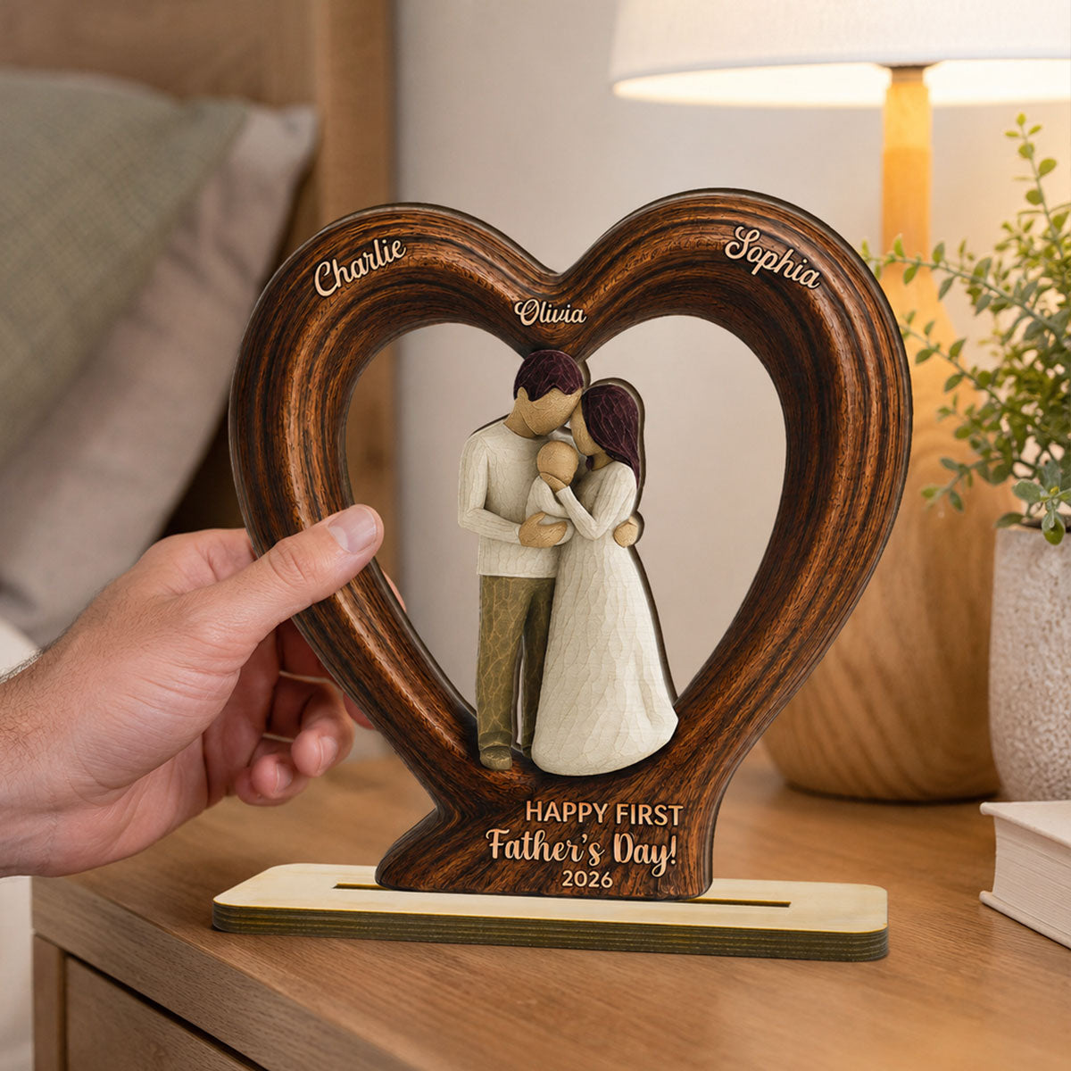 Happy First Dad From Mom And Baby 2D Flat Heart - Personalized 2-Layered Wooden Plaque - Heartfelt Gift For Husband, New Dad