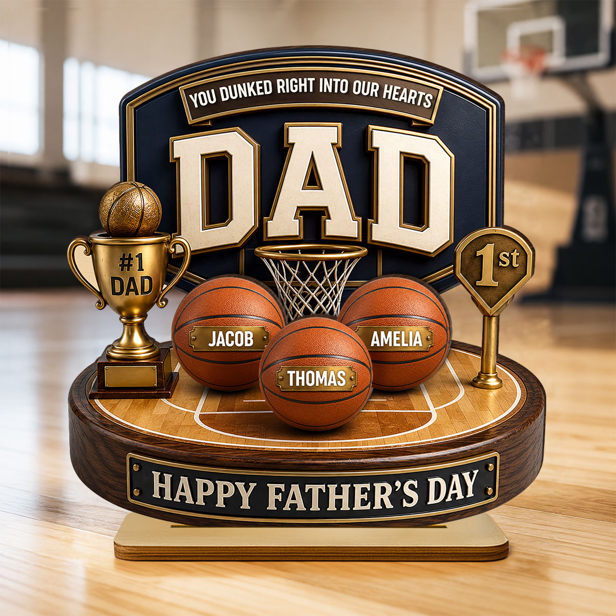 Basketball Trophy You Dunked Right Into Our Hearts - Personalized 2-Layered Wooden Plaque - Gift For Dad, Husband