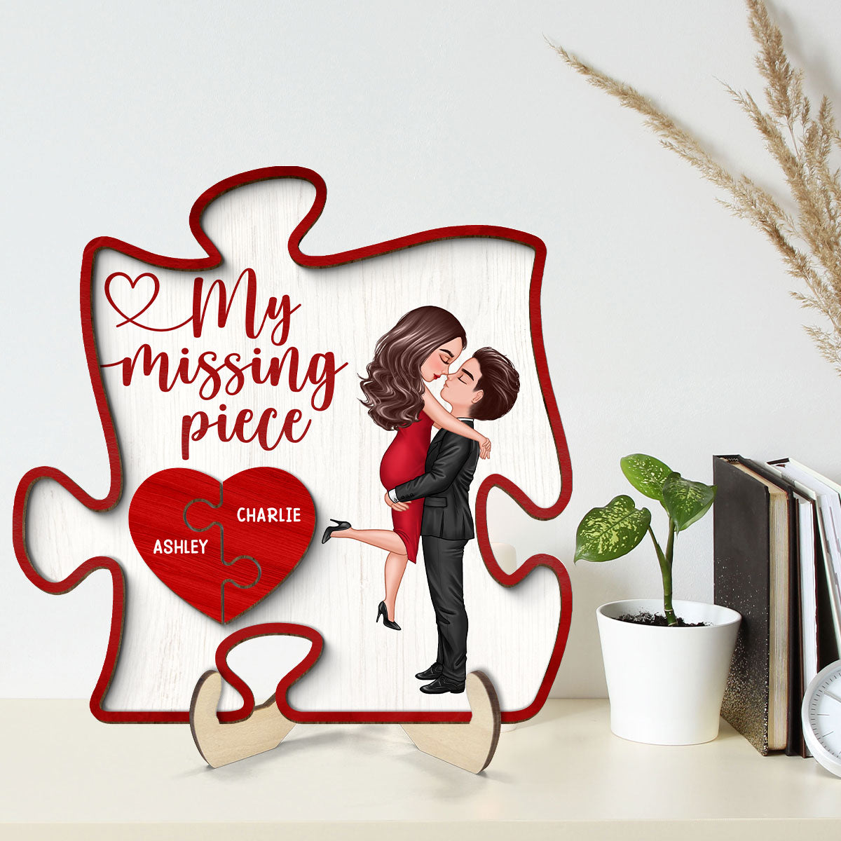 My Missing Piece Couple Hugging Kissing Red Puzzle Shaped Personalized 2-Layer Wooden Plaque, Anniversary Gift, Gift