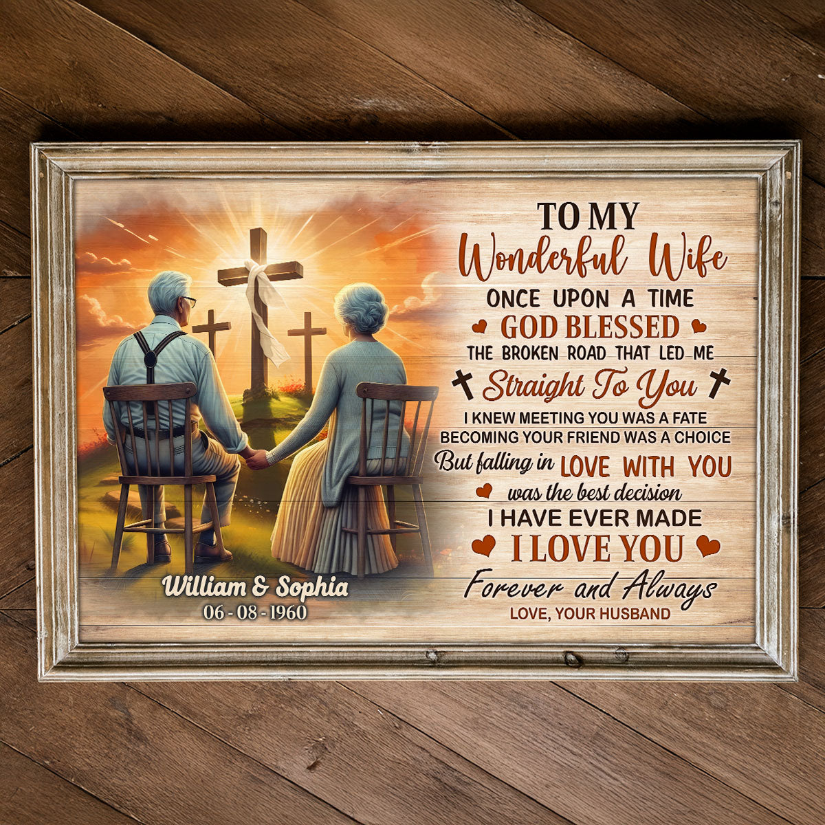 Cross God Gave Me You Old Couple Sitting Personalized Poster, Anniversary Gift For Him, Her, Husband, Wife