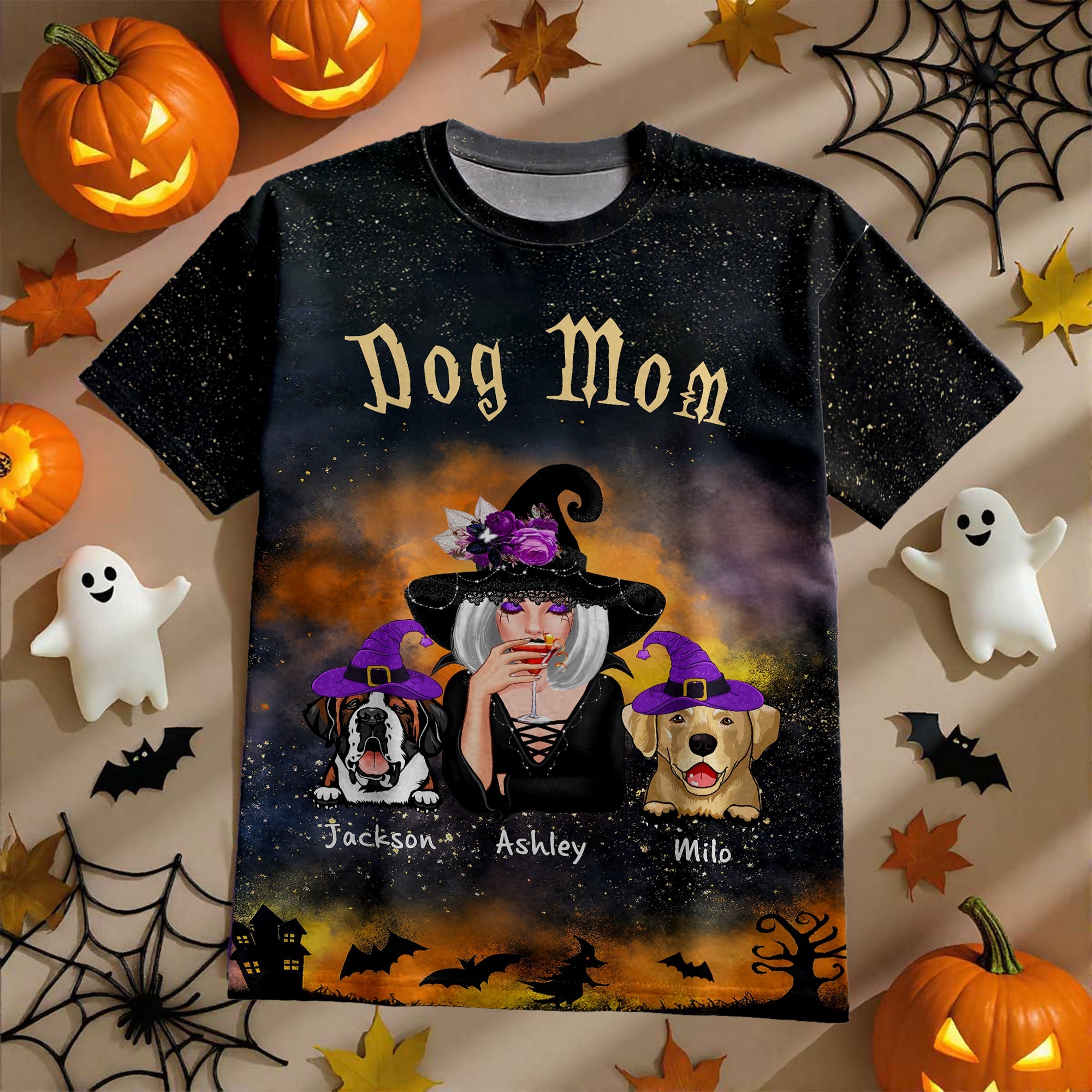 Pretty Witch Dog Mom Witchy Ombre Tie-Dye Pattern Personalized Shirt, Pawfect Costume for Dog Lover