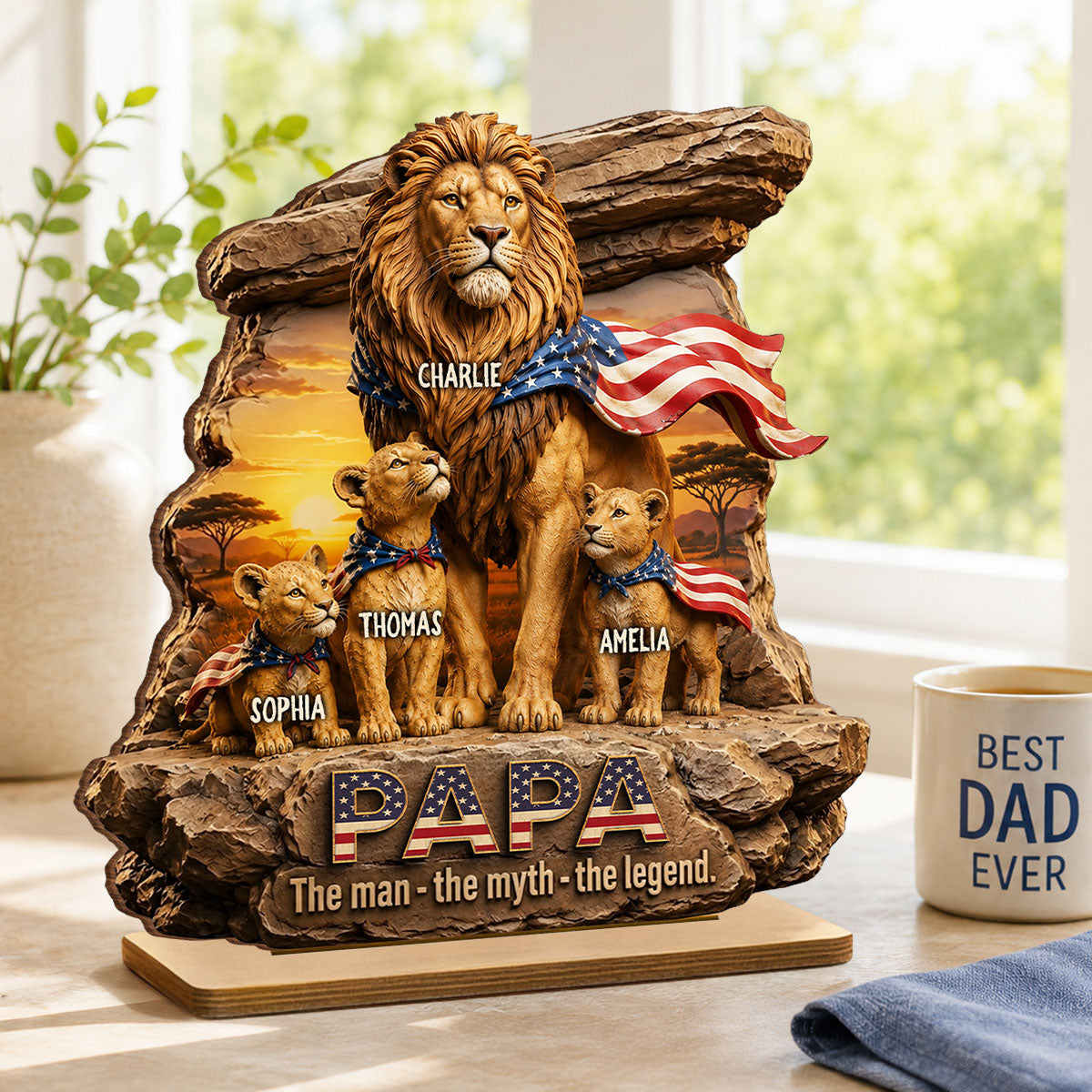 Lion Dad Papa the Legend - Personalized 2-Layered Wooden Plaque - Gift for Dad, Husband