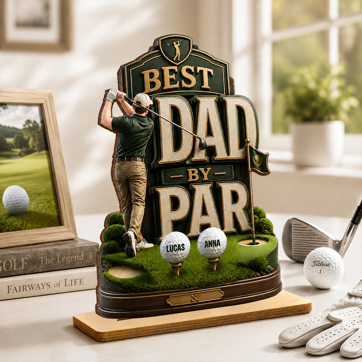 Golf Dad & Kids Best Dad By Par - Personalized 2-Layered Wooden Plaque - Gift For Dad, Husband
