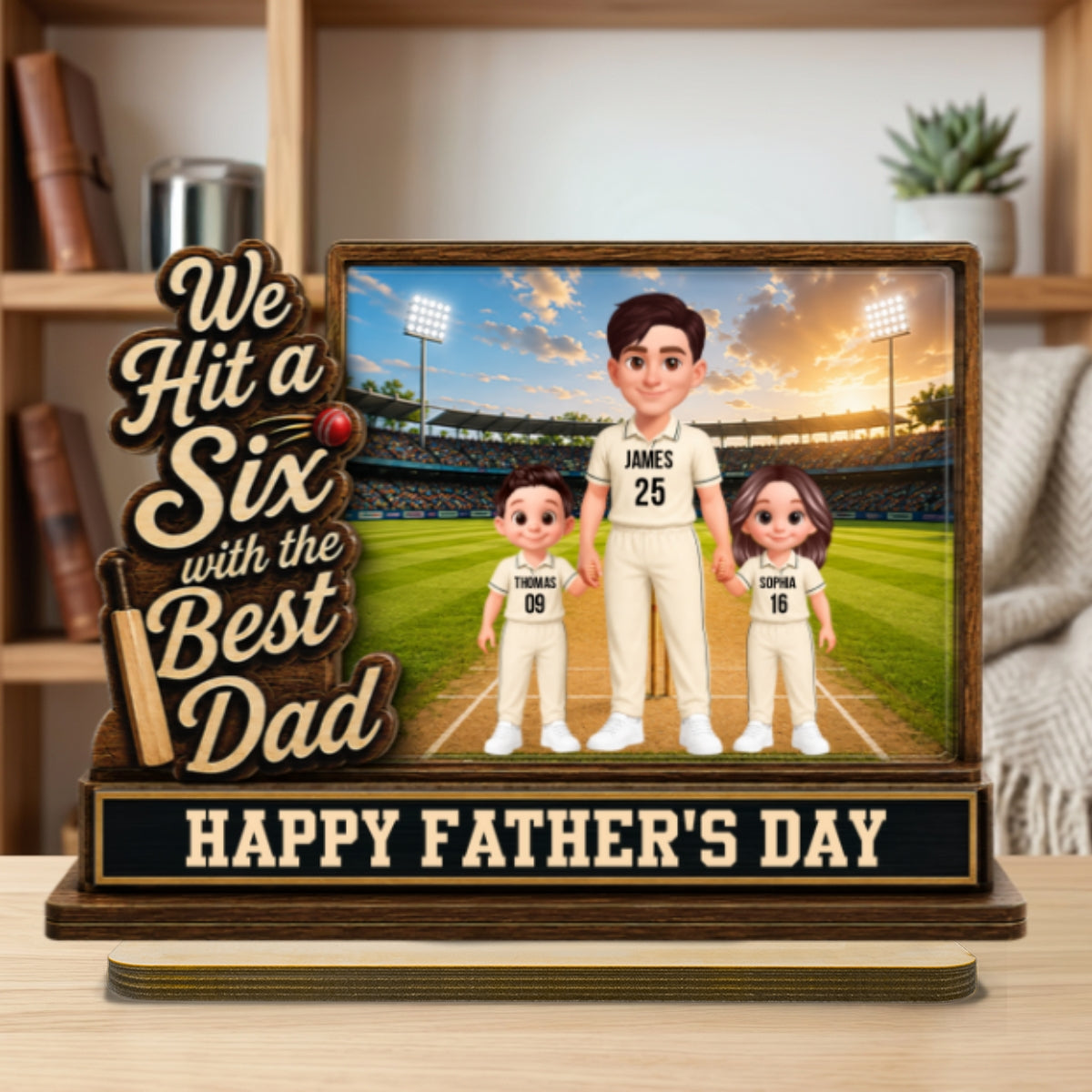 Hit A Six With The Best Dad Cricket Dad & Kids On Field 2D Flat - Personalised 2-Layered Wooden Plaque - Gift For Husband, Dad