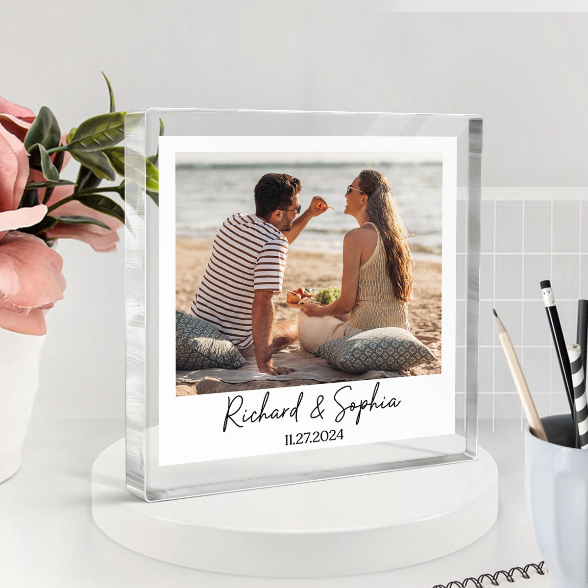 Couple Photo Frame Upload Personalized Acrylic Square Block Plaque, Heartfelt Gift For Couple, For Him, For Her, Boyfriend, Girlfriend, Husband, Wife