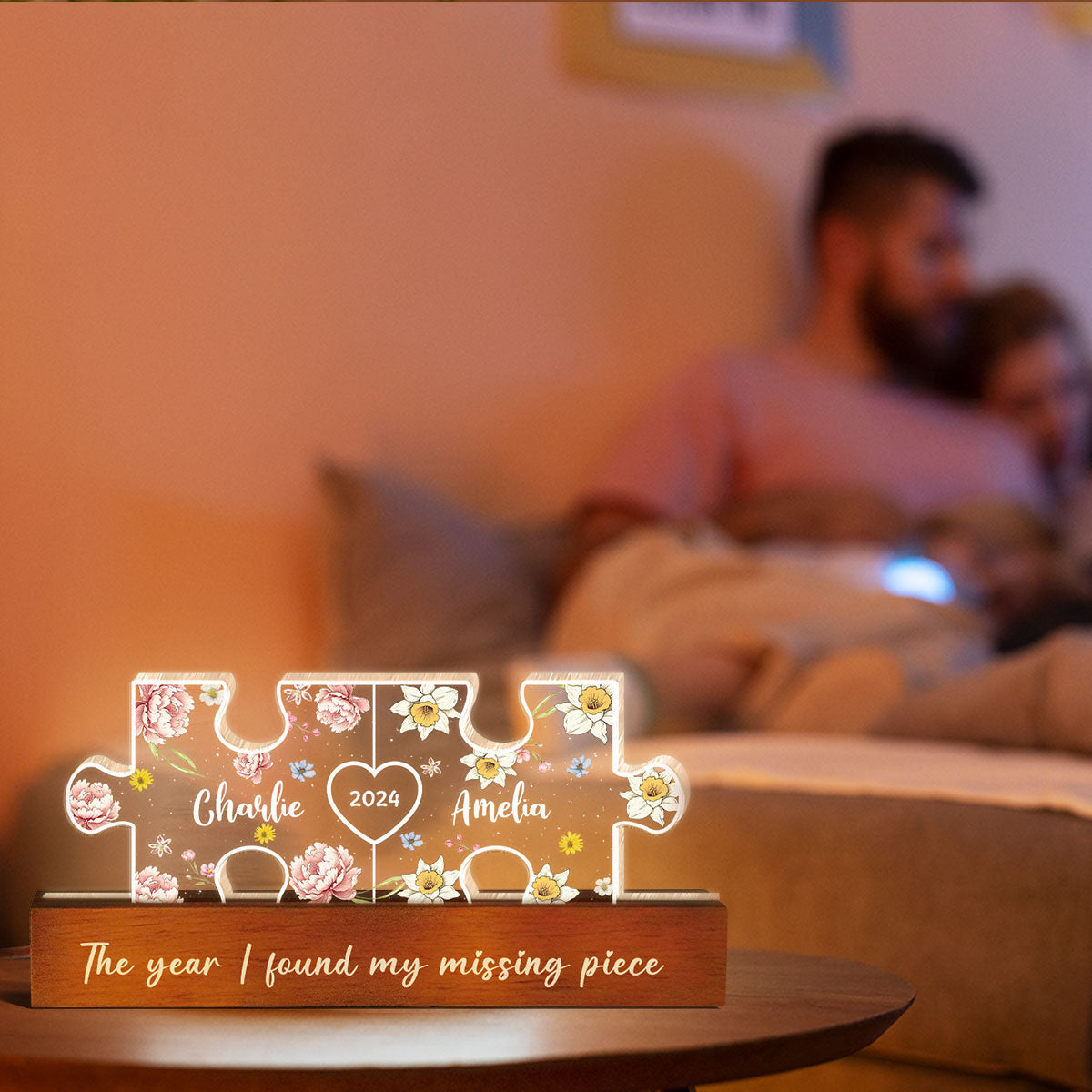 Couple Puzzle Birth Month Flower Theme Anniversary Gift Personalized Acrylic LED Night Light, Heartfelt 2025 Gift, Anniversary Gift For Her, For Girlfriend, For Wife