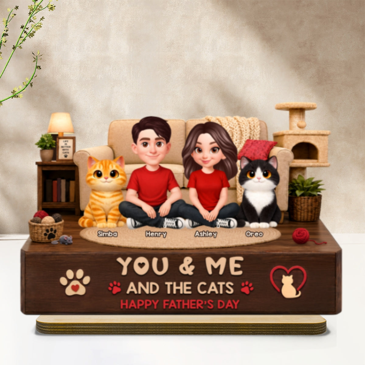 You & Me And The Cats Cozy Room 2D Flat - Personalized 2-Layered Wooden Plaque - Gift For Cat Dad