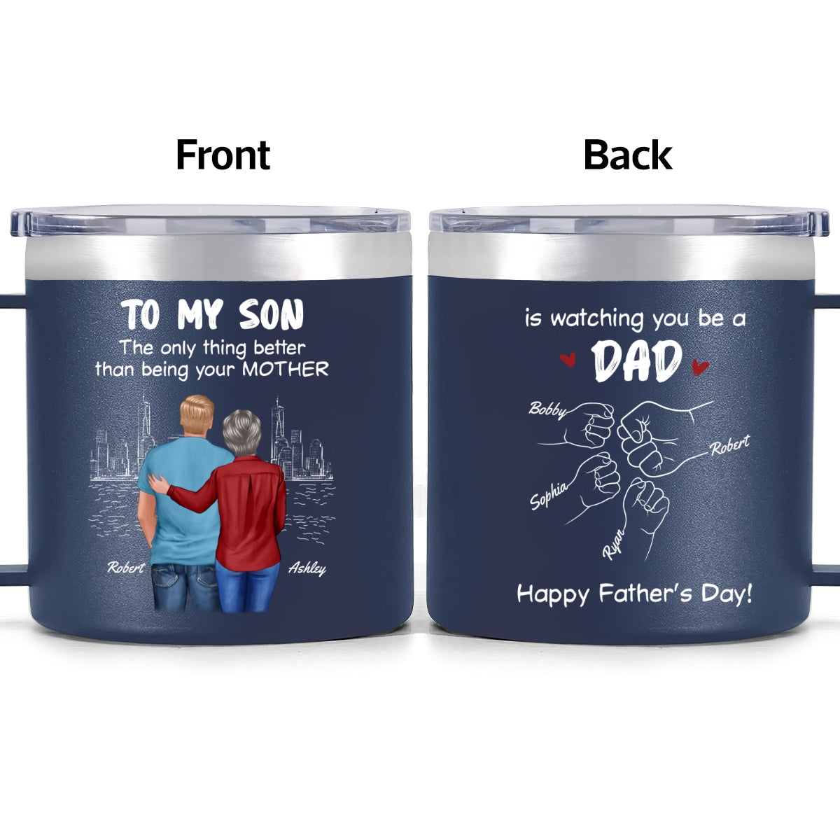 From Mom Dad To Son Watching You Be A Dad Personalized Stainless Steel Tumbler With Handle, Gift For Son