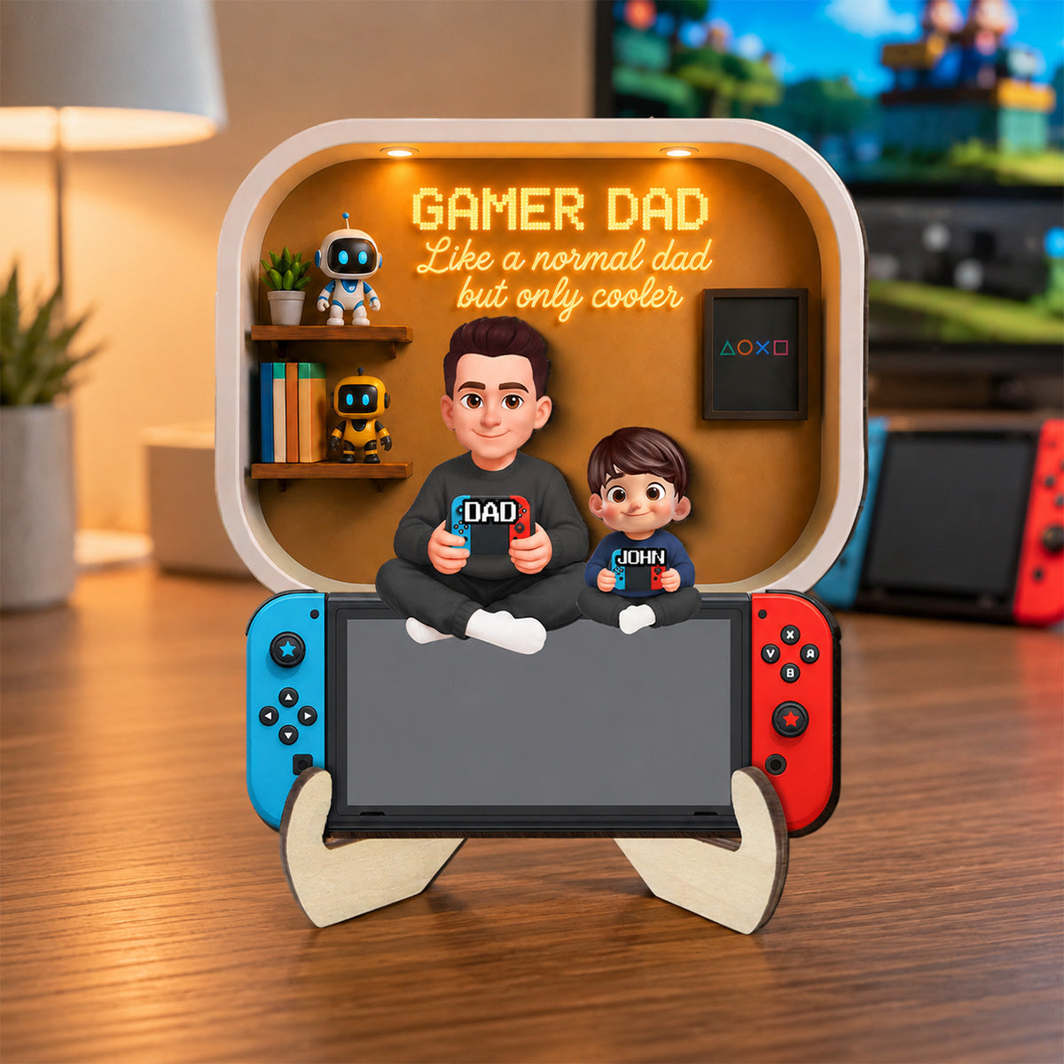 Gamer Dad And Kids - Personalized 2-Layered Wooden Plaque - Gift For Dad, Husband, Gamers