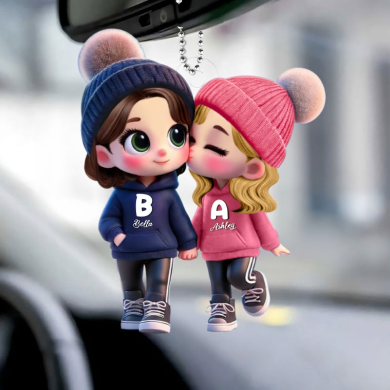 Personalized 3D Cartoon Lesbian Couple Car Ornament β Cute Acrylic Gift for Pride Month