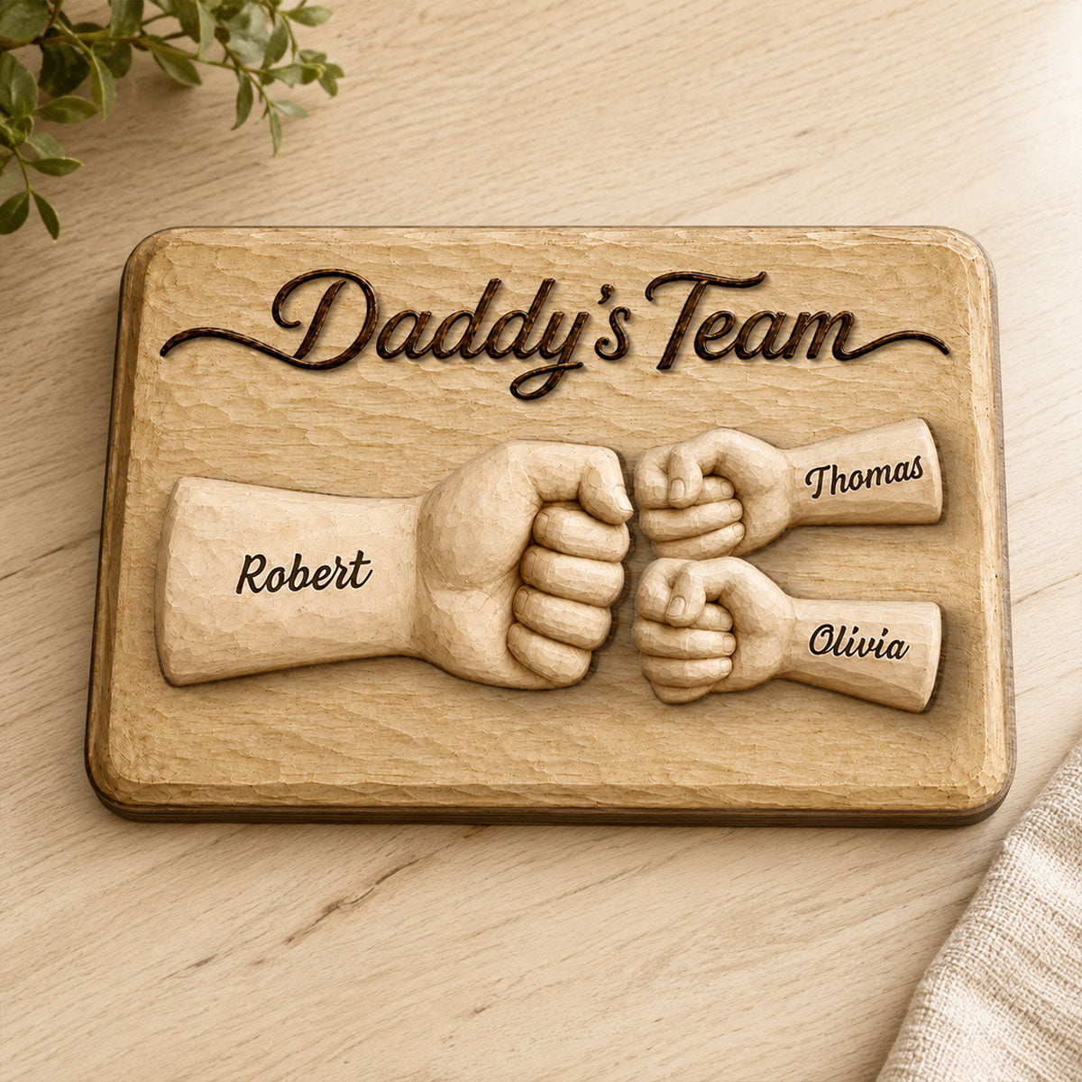 Sentimental Rustic Daddy's Team Fist Bump - Personalized 2-Layered Wooden Plaque - Gift For Dad, Husband