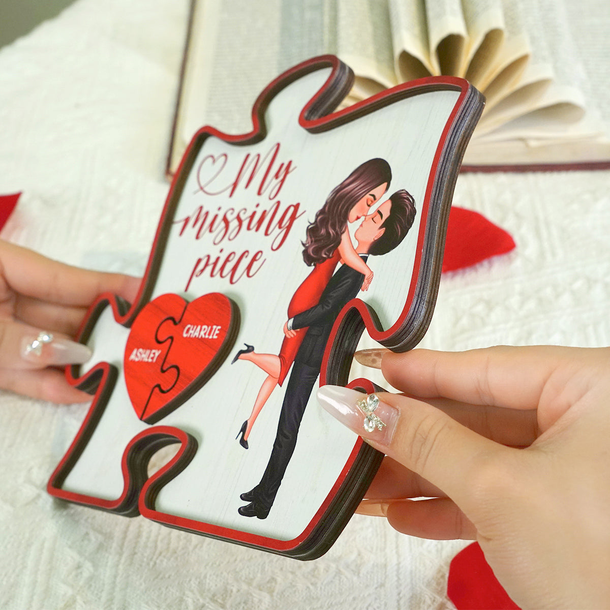 My Missing Piece Couple Hugging Kissing Red Puzzle Shaped Personalized 2-Layer Wooden Plaque, Anniversary Gift, Gift