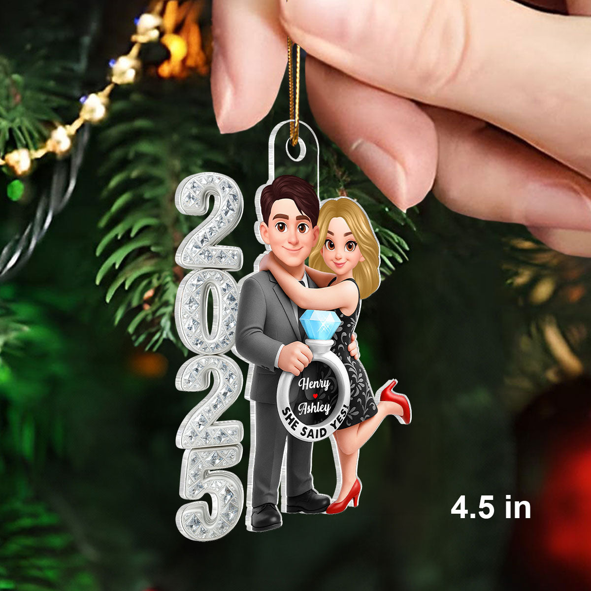 3D Crystal Effect Marriage Proposal Couple - Personalized Acrylic Ornament - Newly Engaged Gift, ""She Said Yes!"" Ornament