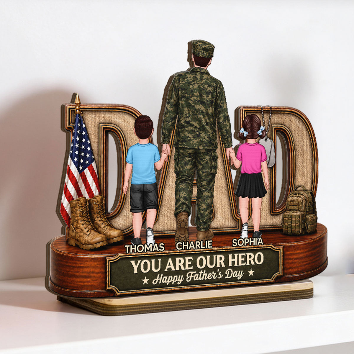 Proud American Army Dad You Are Our Hero - Personalized 2-Layered Wooden Plaque - Gift For Dad, Husband