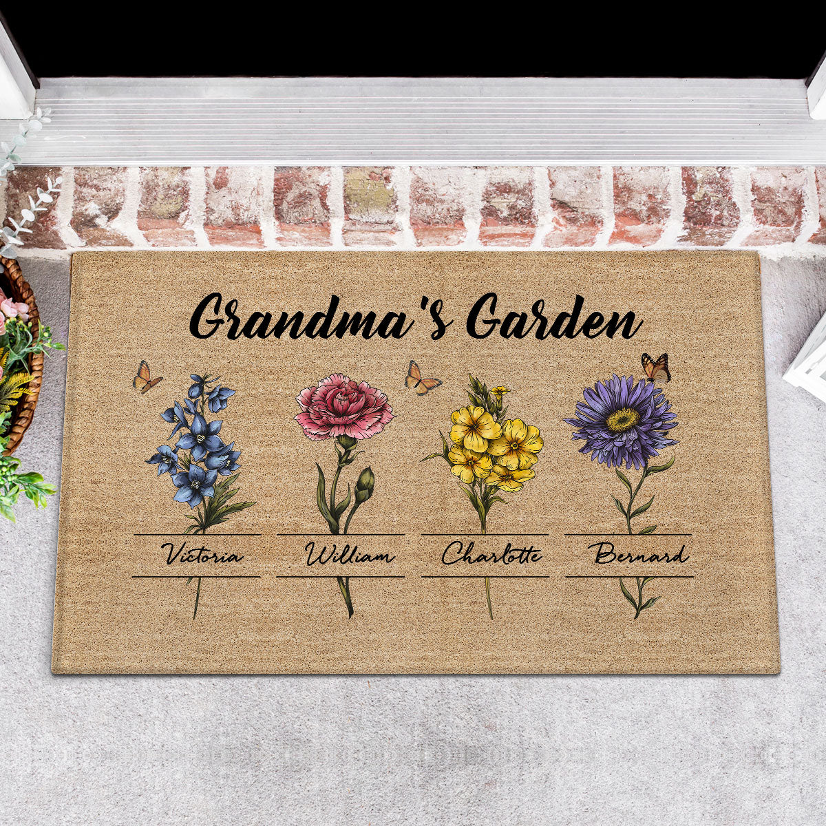 Gift For Grandma Grandma‘s Garden Beautiful Vintage Birth Month Flower With Names Personalized Doormat
