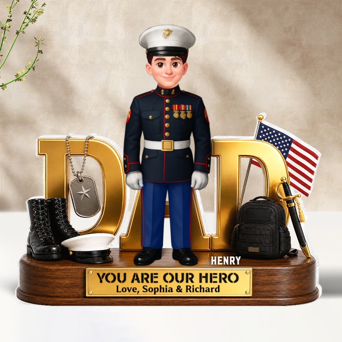 Proud American Marine Dad You Are Our Hero 2D Flat - Personalized Acrylic Block Plaque - Gift For Dad