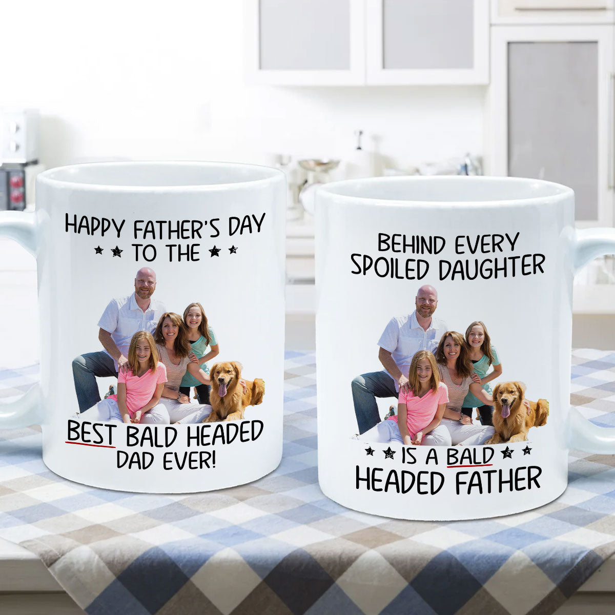 Behind Spoiled Daughter Is Bald Headed Father Photo Inserted Funny Fatherās Day Gift For Dad Personalized Mug