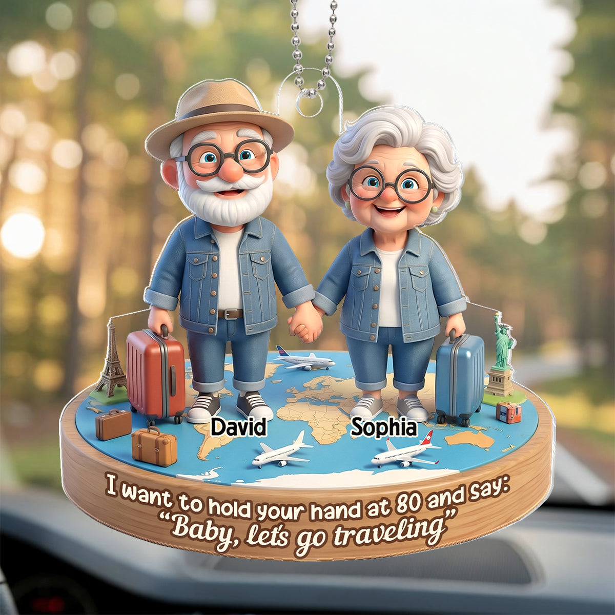 3D Effect Old Couple Baby Let's Go Traveling - Personalized Acrylic Car Hanger - Sentimental Gift for him, for her