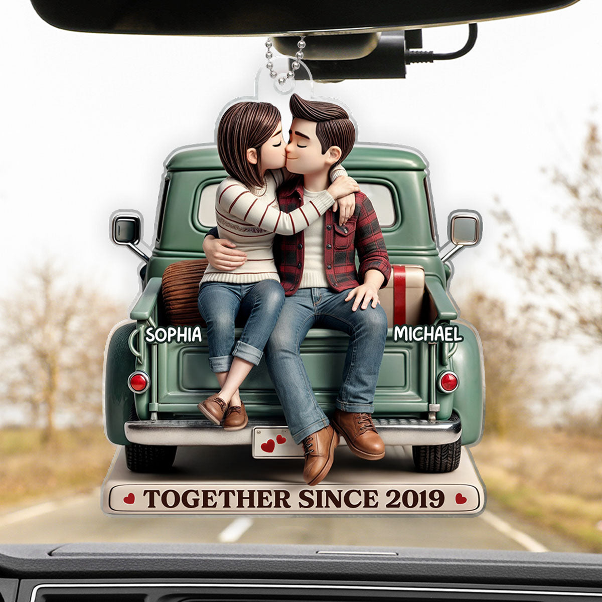 3D Effect Couple On Truck Personalized Acrylic Car Hanger Ornament, Heartfelt 2025 Gift For Couple, For Him, For Her, Boyfriend, Girlfriend, Husband, Wife