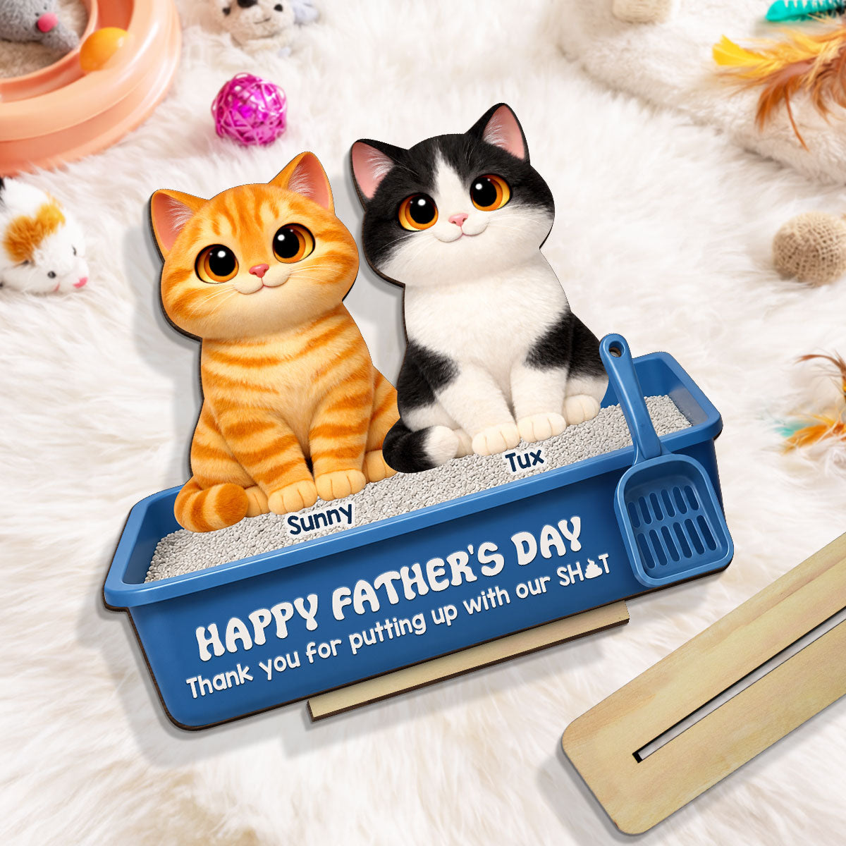 Cute Fluffy Cats Happy Thanks For Feeding And Scooping Poo 2D Flat - Personalized 2-Layered Wooden Plaque - Funny Gift For Cat Dad, Cat Lovers