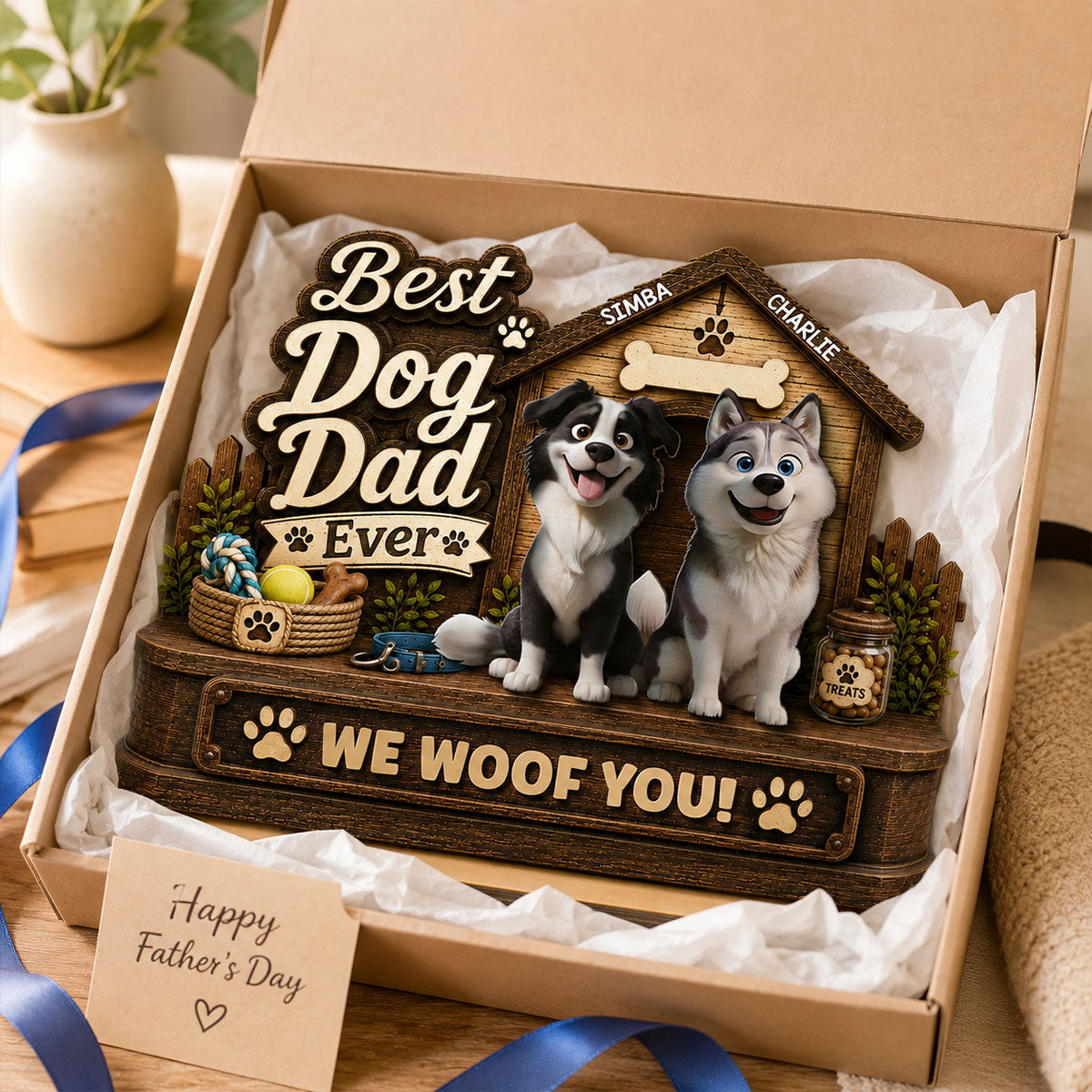 Best Dog Dad Ever Cute Dogs 2D Flat - Personalized 2-Layered Wooden Plaque - Gift For Dog Dad