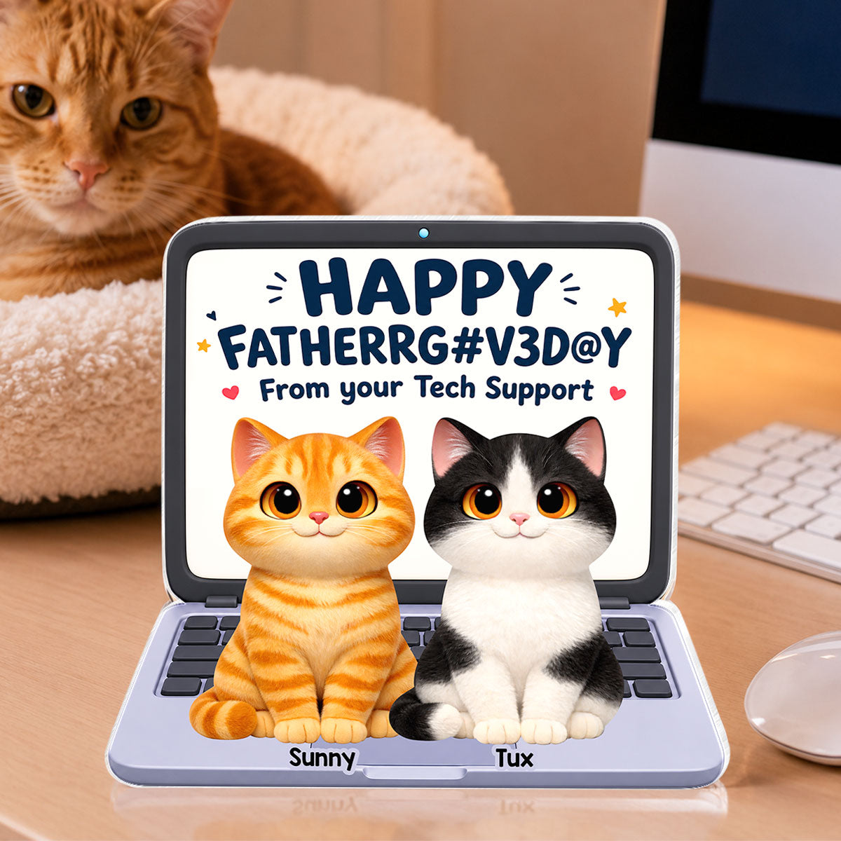 Cute Fluffy Cats Happy From Tech Support 2D Flat - Personalized Acrylic Block Plaque - Funny Gift For Cat Dad, Cat Lovers